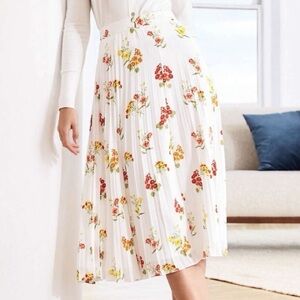 LOFT Floral Pleated Midi Skirt - White with Red and Yellow
